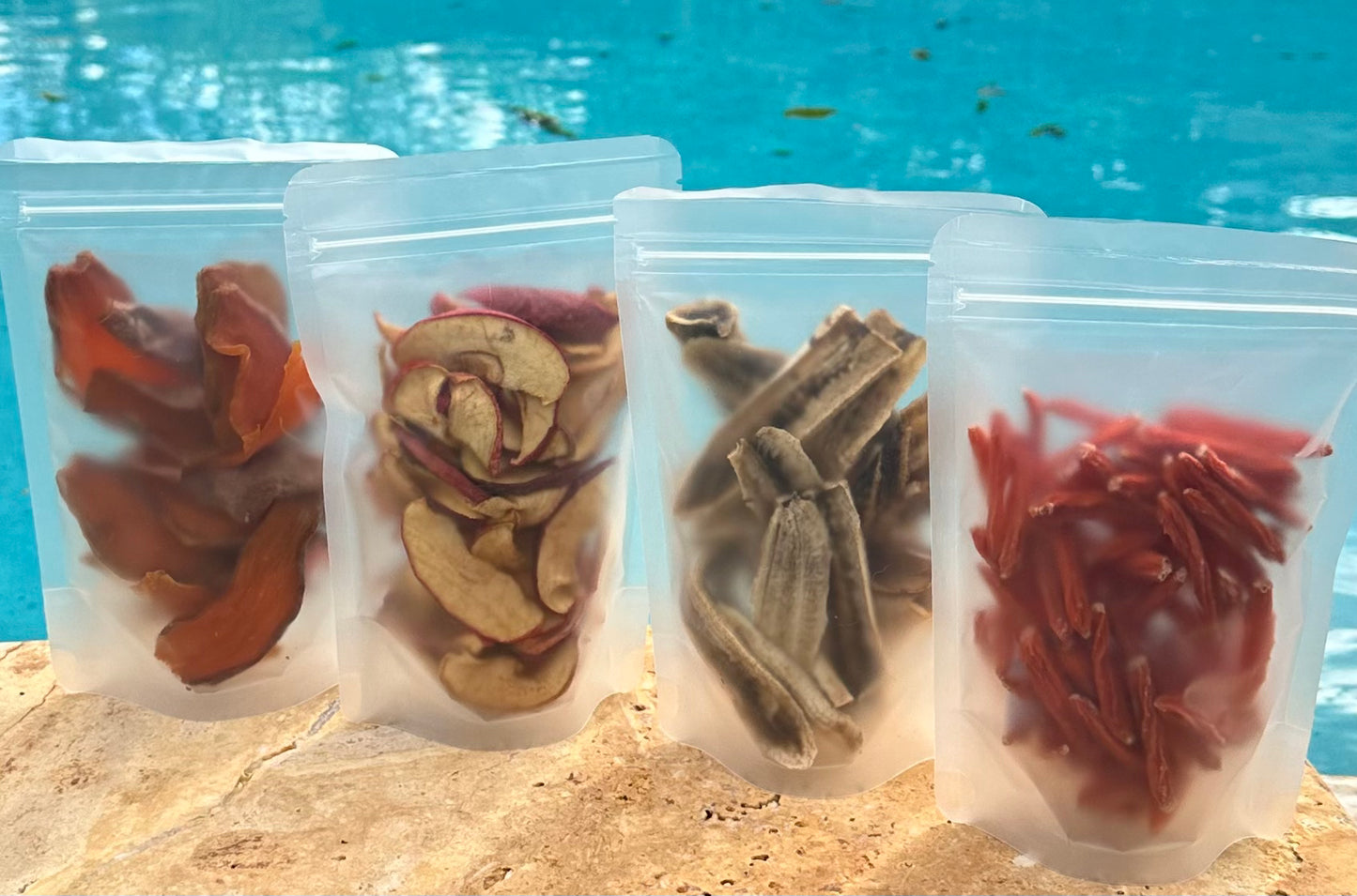 4 pack special!!! Apple bites, banana strips, sweet potato jerky and carrot nibbles